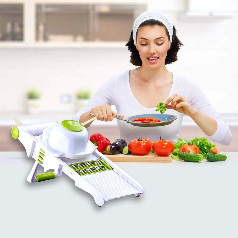 GProMe Mandoline Slicer â€“ Adjustable Vegetable Mandolin, Fruit zucchini Slicer, French Fry Cutter,Crinkle Cutter Food Waffle,Julienne Grater,Garlic Grinder(White) - Image 5